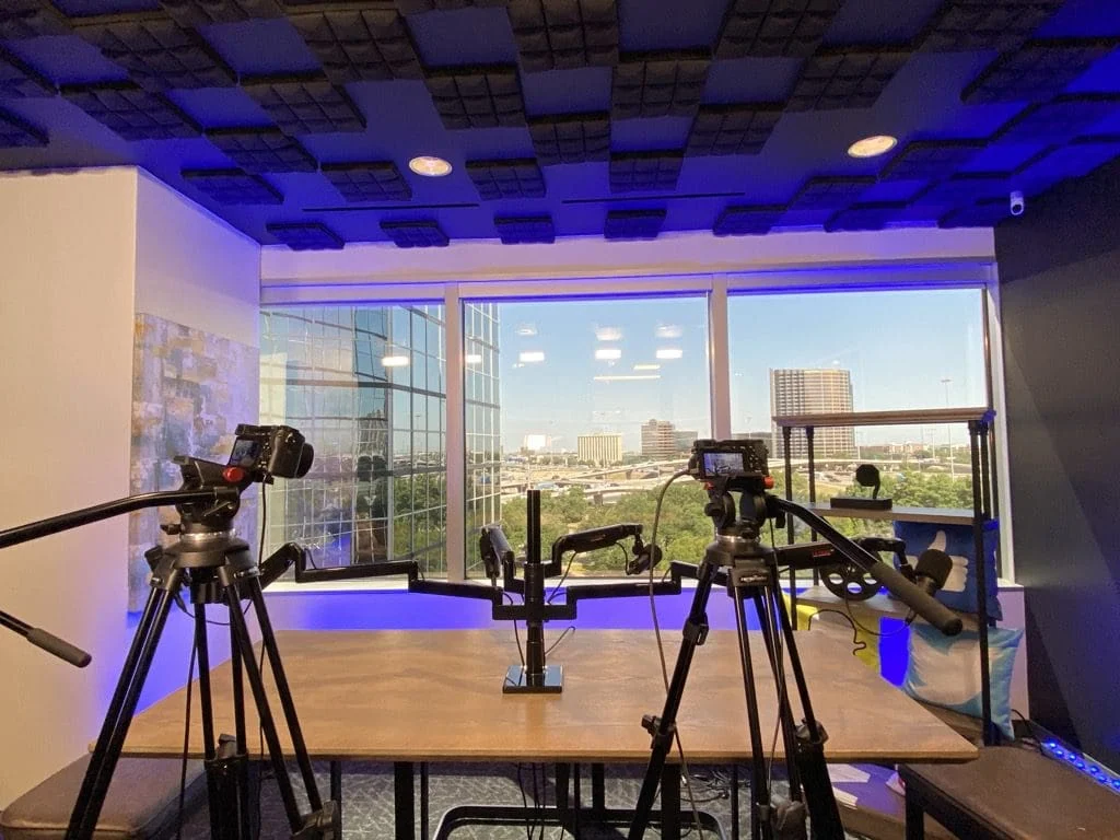 Podcast studio with purple backlighting