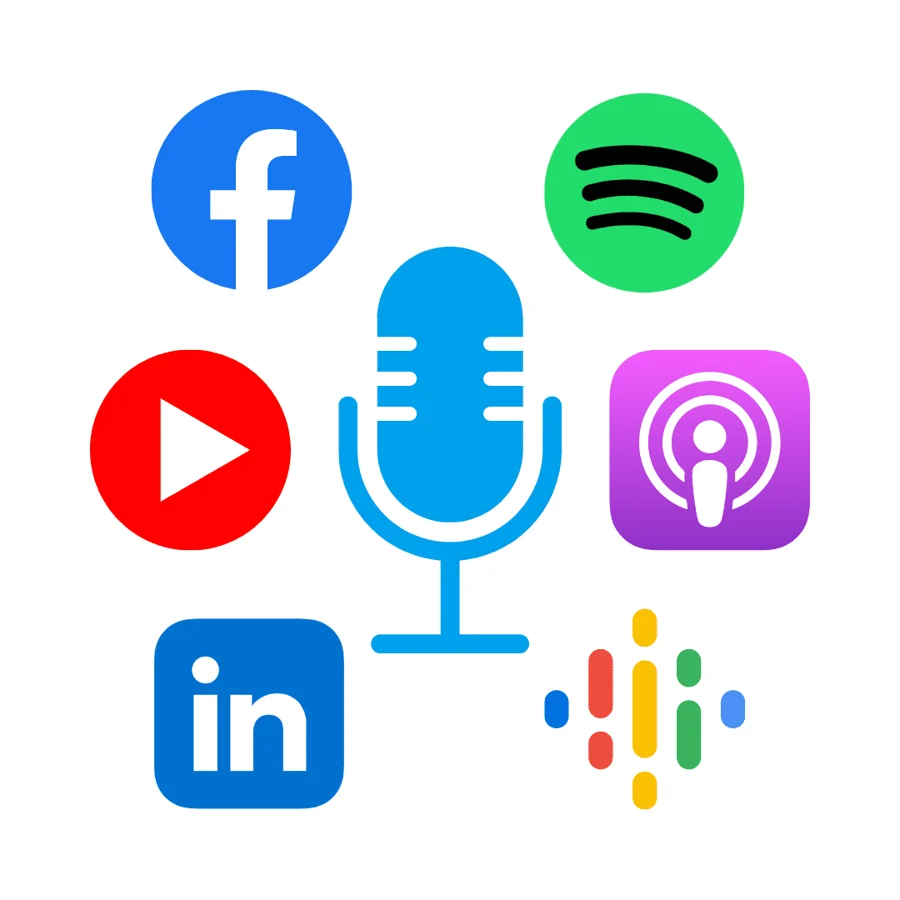 Logos of platforms we distribute your podcast to, such as Youtube and Google Podcasts
