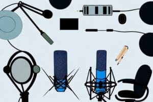 A well-equipped podcast studio with various recording equipment like microphones