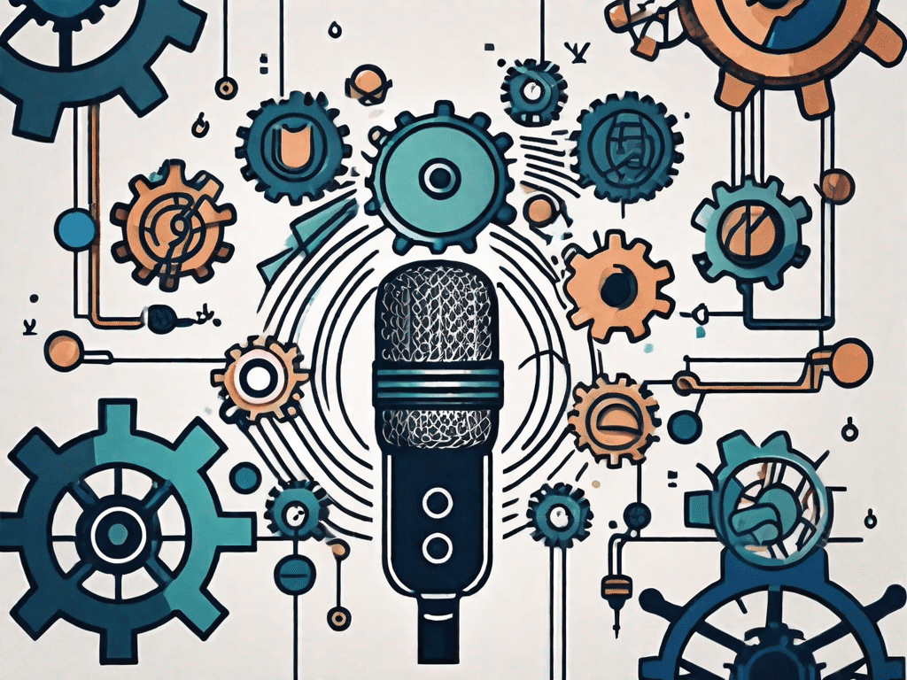 A microphone surrounded by various symbols representing teamwork
