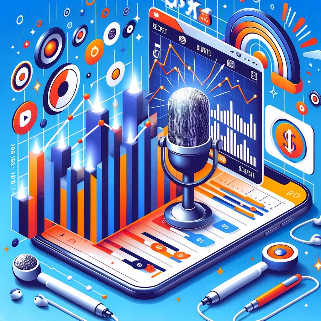 The design includes a modern, digital aesthetic with elements like a microphone, podcast app interface, a graph showing rising trends, and earphones. The colors are vibrant and engaging, incorporating shades of blue, orange, and white. The title is prominently displayed in bold, readable font, and the overall layout is clean and professional, aimed at attracting podcast creators and enthusiasts.