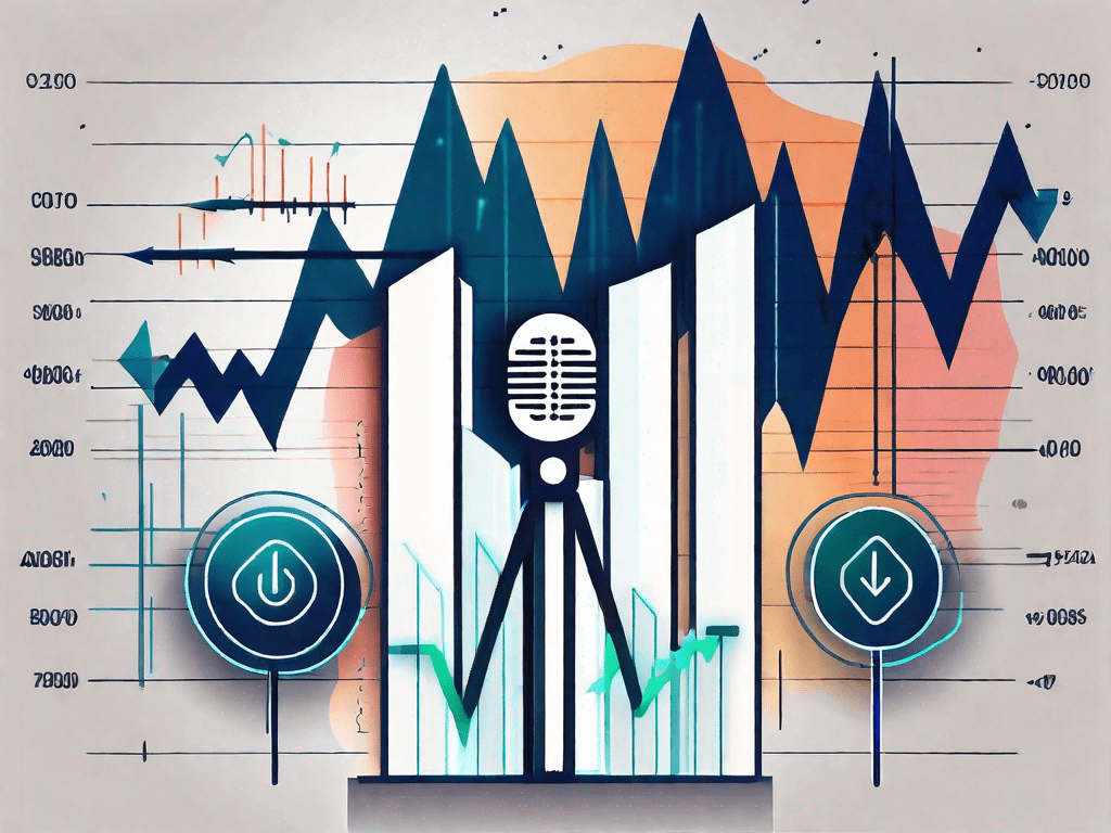 A podcast microphone surrounded by various symbols of growth (like upward arrows or a bar chart) and audio waveforms