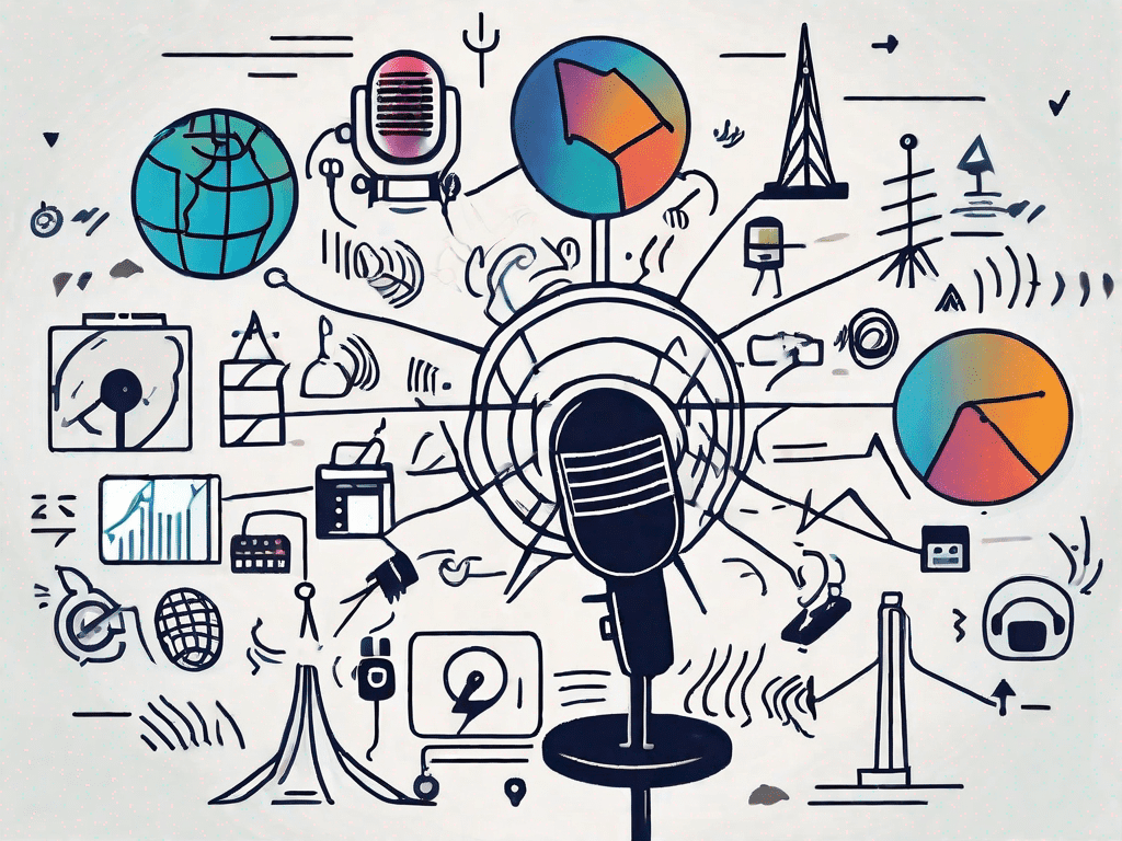 A large microphone surrounded by various symbols representing different promotional strategies such as a globe (for international reach)